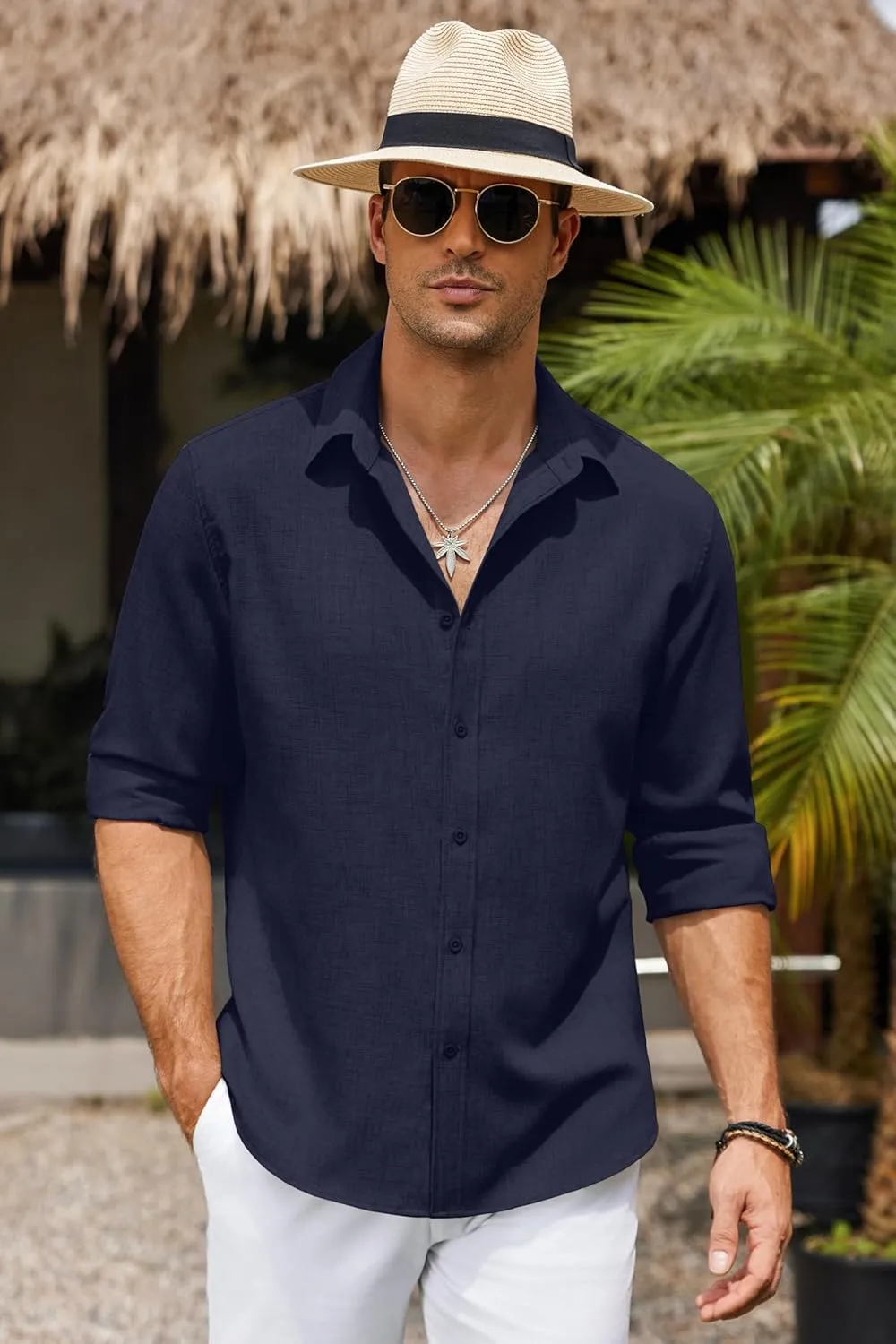 COOFANDY Men's Long Sleeve Button Down Linen Shirt Casual Untucked Chambray Shirt Wrinkle Free Wedding Shirts