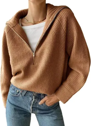 CORIRESHA Women's Casual Half Zip Cropped Sweaters Collared Long Sleeve Ribbed Knitted Pullover