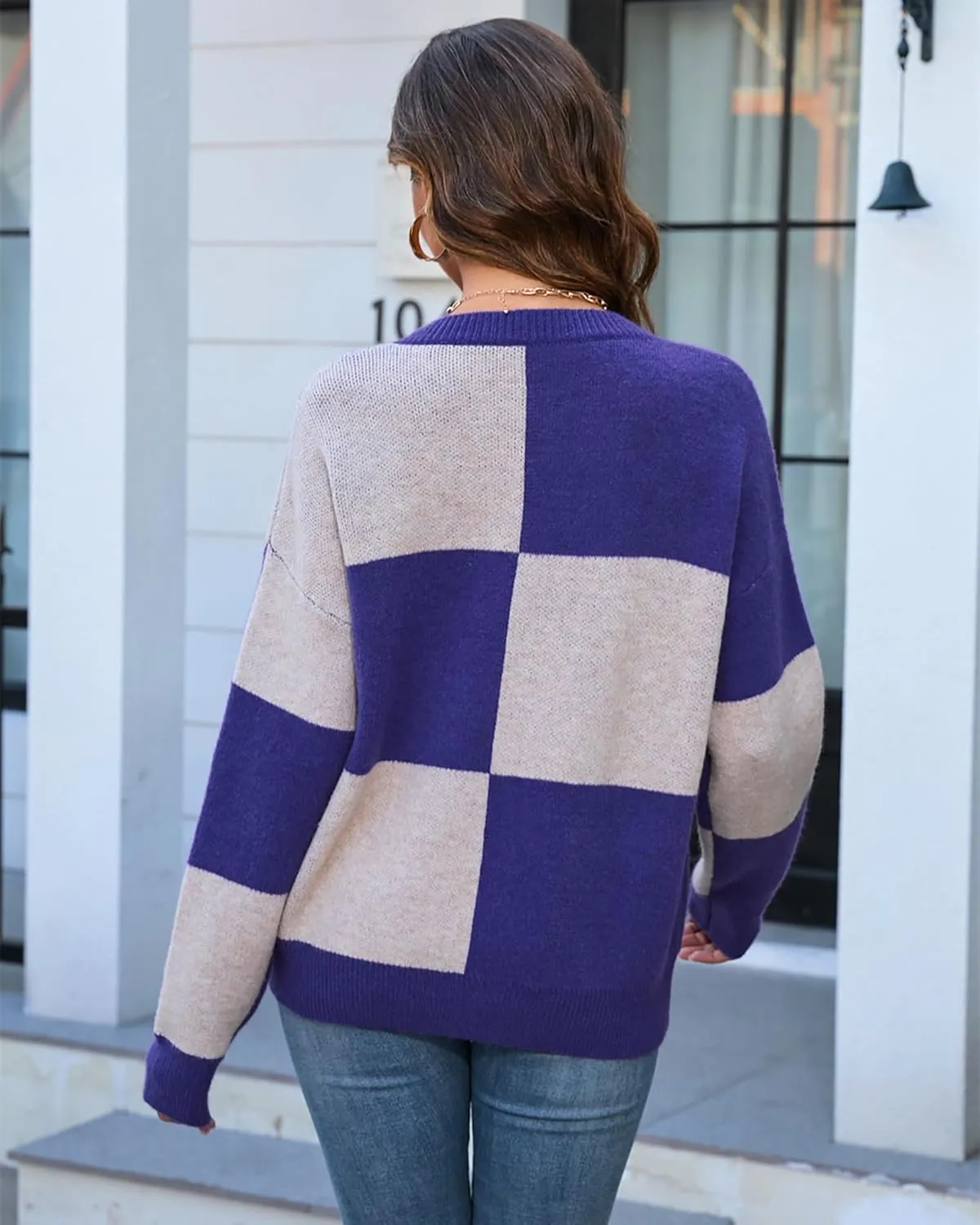 CORIRESHA Women's Color Block Check Crew Neck Long Sleeve Chunky Casual Knit Pullover Sweater