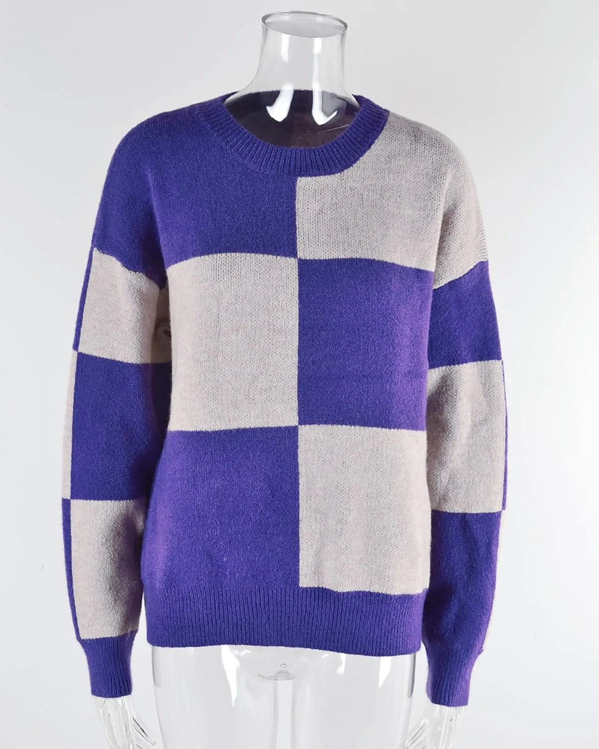 CORIRESHA Women's Color Block Check Crew Neck Long Sleeve Chunky Casual Knit Pullover Sweater