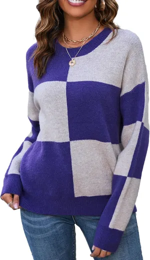 CORIRESHA Women's Color Block Check Crew Neck Long Sleeve Chunky Casual Knit Pullover Sweater