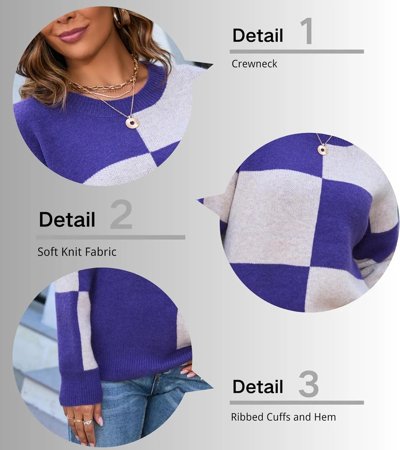 CORIRESHA Women's Color Block Check Crew Neck Long Sleeve Chunky Casual Knit Pullover Sweater