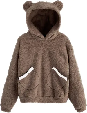 CORIRESHA Women's Cute Teddy Bear Ears Fleece Hoodie Sweatshirt Long Sleeve Warm Plush Pullover Top with Pockets