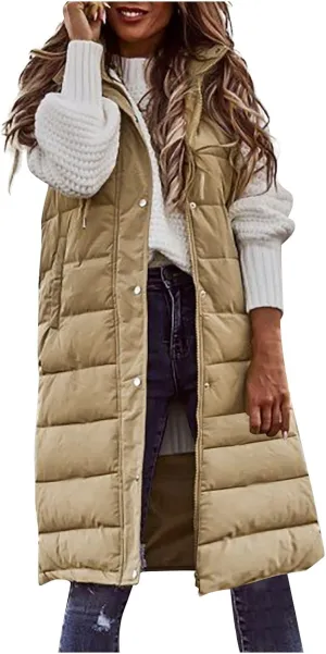 COTECRAM Puffer Vest Women Fashion Plus Size Sleeveless Winter Coats Zip Up Hoodie Casual Long Puffer Jacket Warm Outerwear