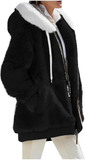 COTECRAM Winter Coats for Women 2023 Casual Plus Size Fleece Jacket Color Block Zip Up Hoodies Coat Outwear with Pockets