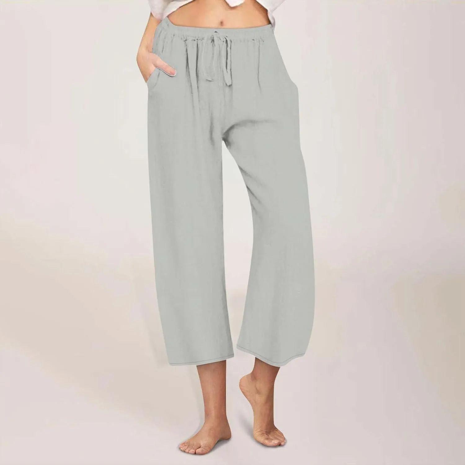 Cotton Linen Pants for Women Summer Lounge Drawstring Elastic Waist Trousers 2025 Casual Comfy Wide Leg Cropped Pants