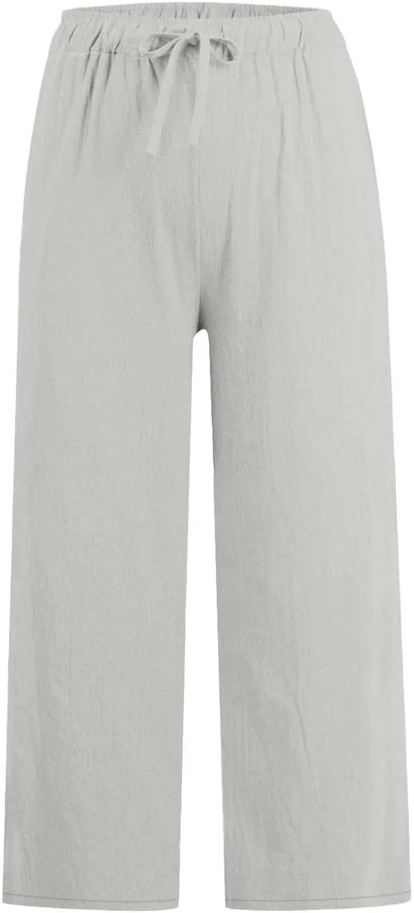 Cotton Linen Pants for Women Summer Lounge Drawstring Elastic Waist Trousers 2025 Casual Comfy Wide Leg Cropped Pants