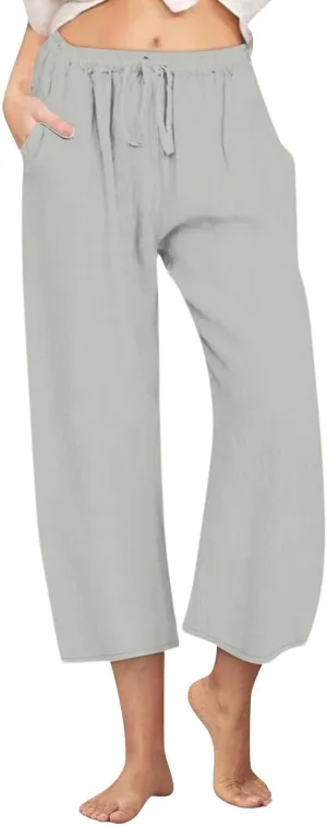 Cotton Linen Pants for Women Summer Lounge Drawstring Elastic Waist Trousers 2025 Casual Comfy Wide Leg Cropped Pants