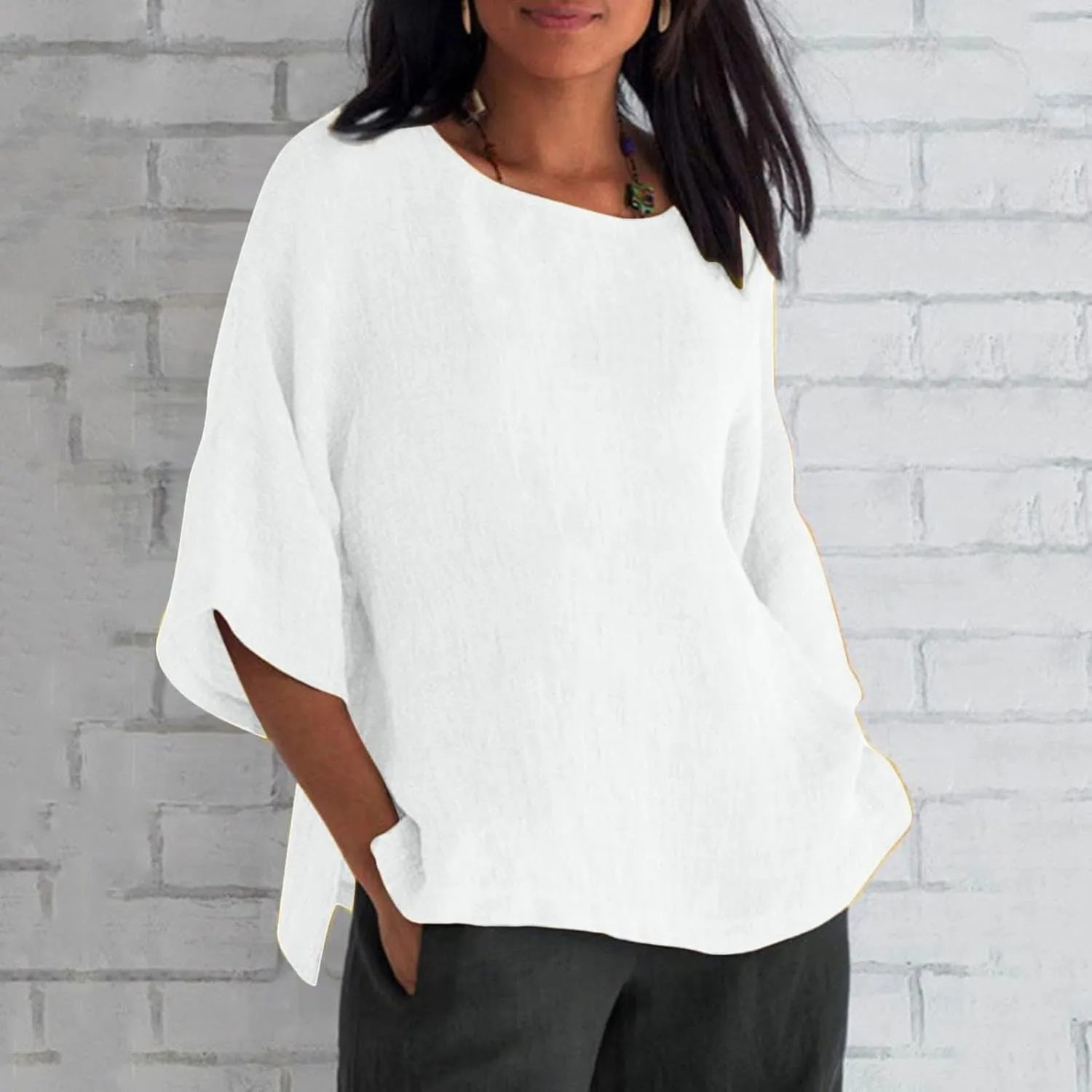 Cotton Linen Shirts for Womens Plus Size 3/4 Sleeve Tops Casual Loose Crewneck Tees Beach Summer Blouse