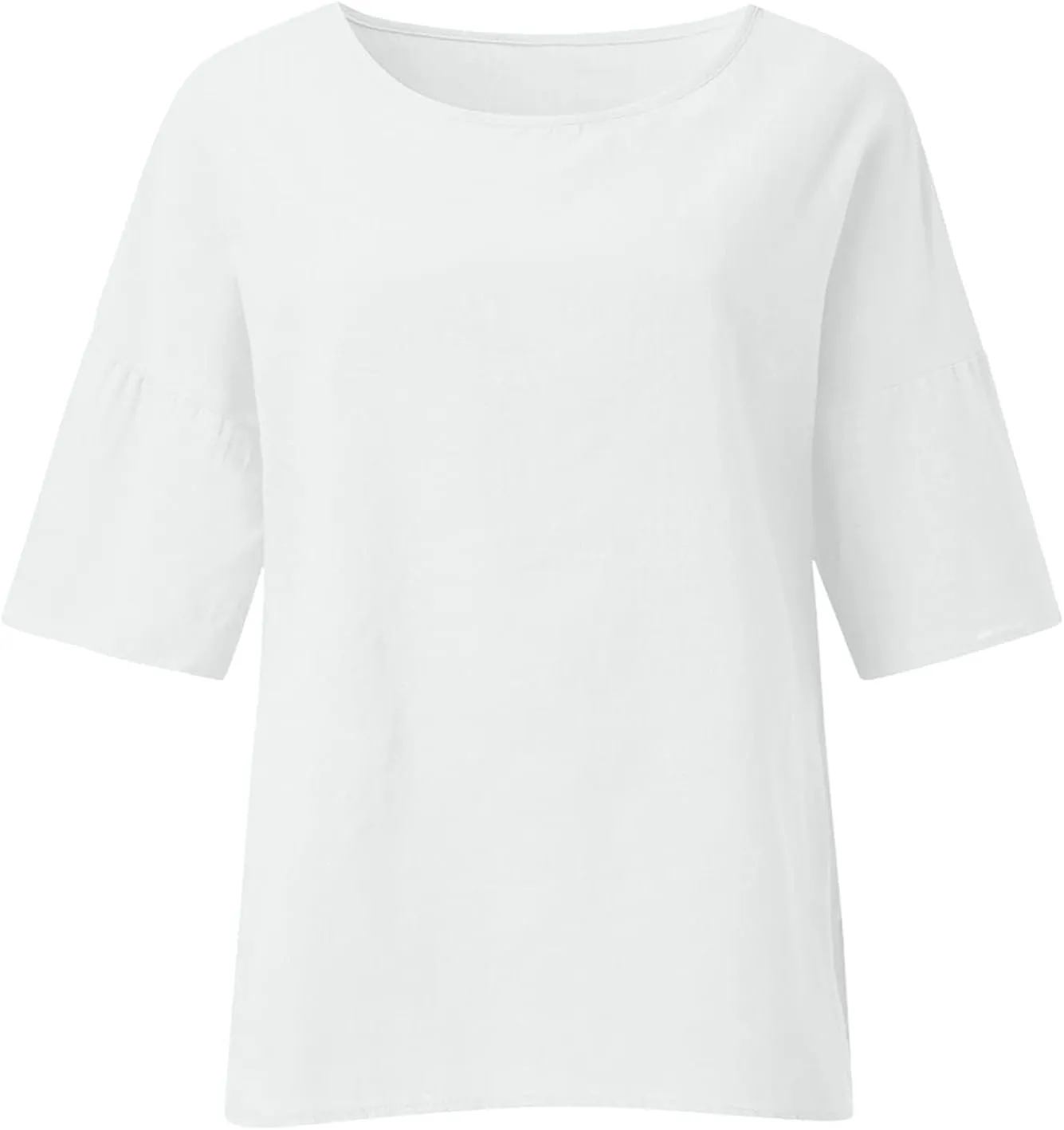 Cotton Linen Shirts for Womens Plus Size 3/4 Sleeve Tops Casual Loose Crewneck Tees Beach Summer Blouse