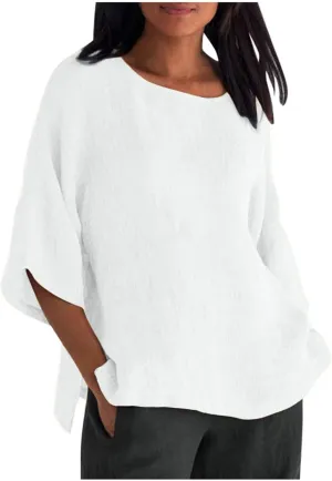 Cotton Linen Shirts for Womens Plus Size 3/4 Sleeve Tops Casual Loose Crewneck Tees Beach Summer Blouse