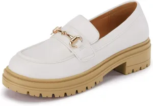 Coutgo Womens Chunky Platform Loafers Low Heel Flats Lug Sole Slip On Penny Loafers Office Work Dress Shoes with Chain