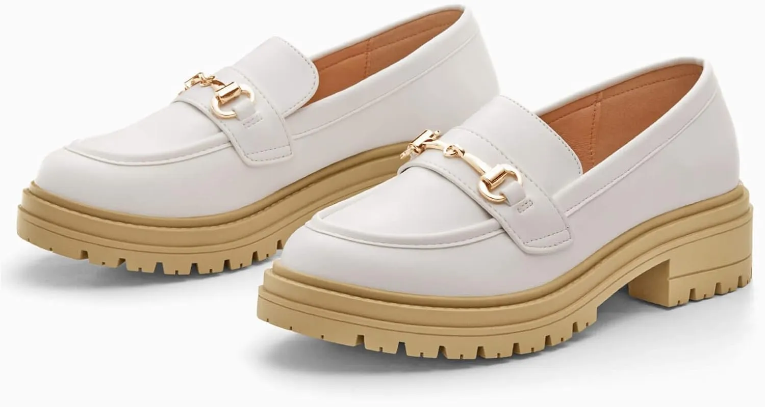 Coutgo Womens Chunky Platform Loafers Low Heel Flats Lug Sole Slip On Penny Loafers Office Work Dress Shoes with Chain