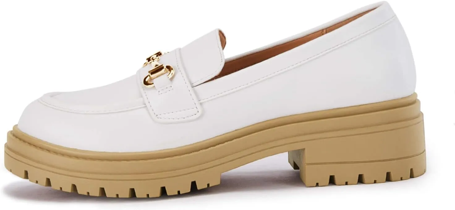 Coutgo Womens Chunky Platform Loafers Low Heel Flats Lug Sole Slip On Penny Loafers Office Work Dress Shoes with Chain