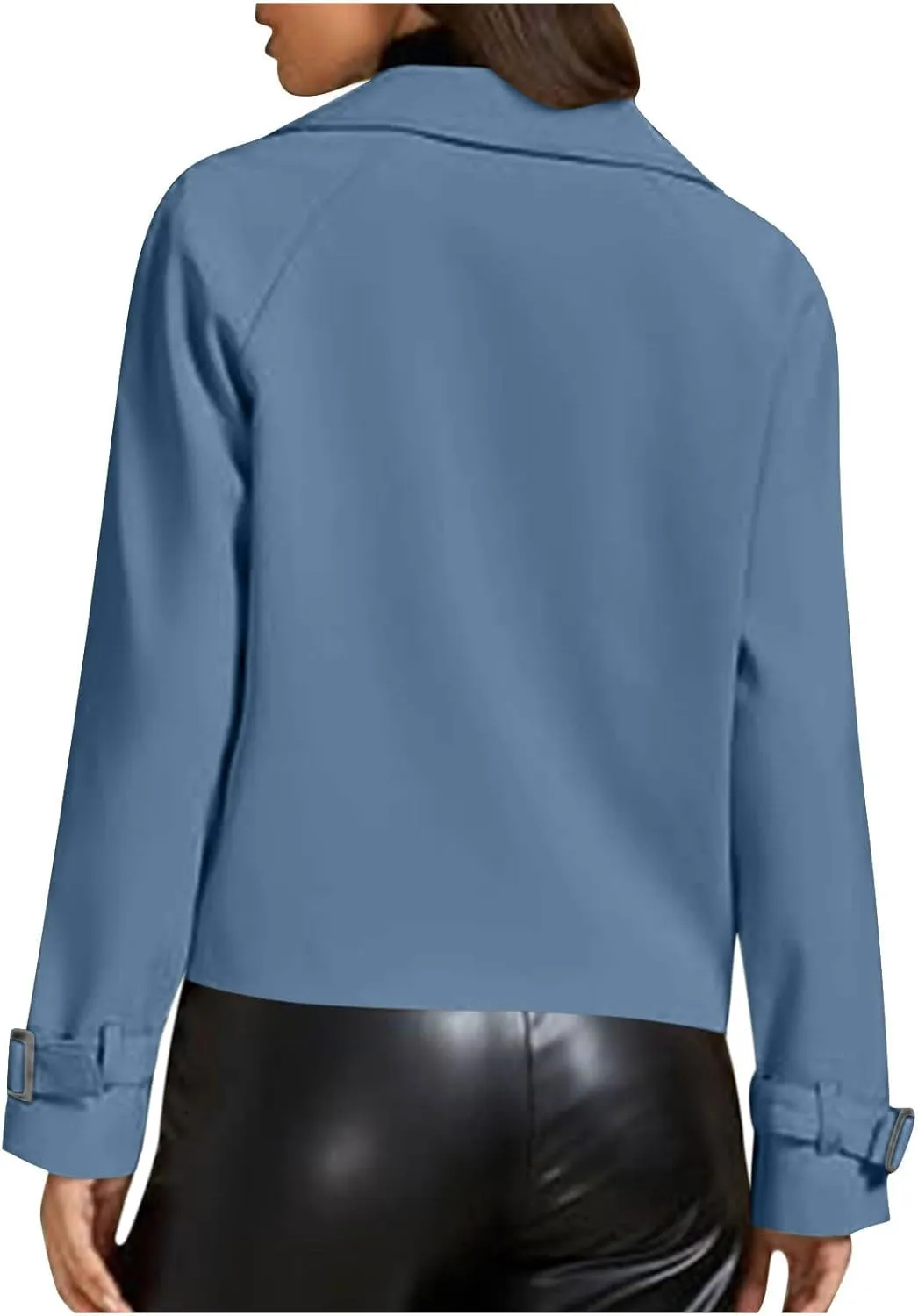 Cropped Trench Coat for Women Long Sleeve Double Breasted Notched Lapel Casual Loose Fit Jackets with Pockets Fall