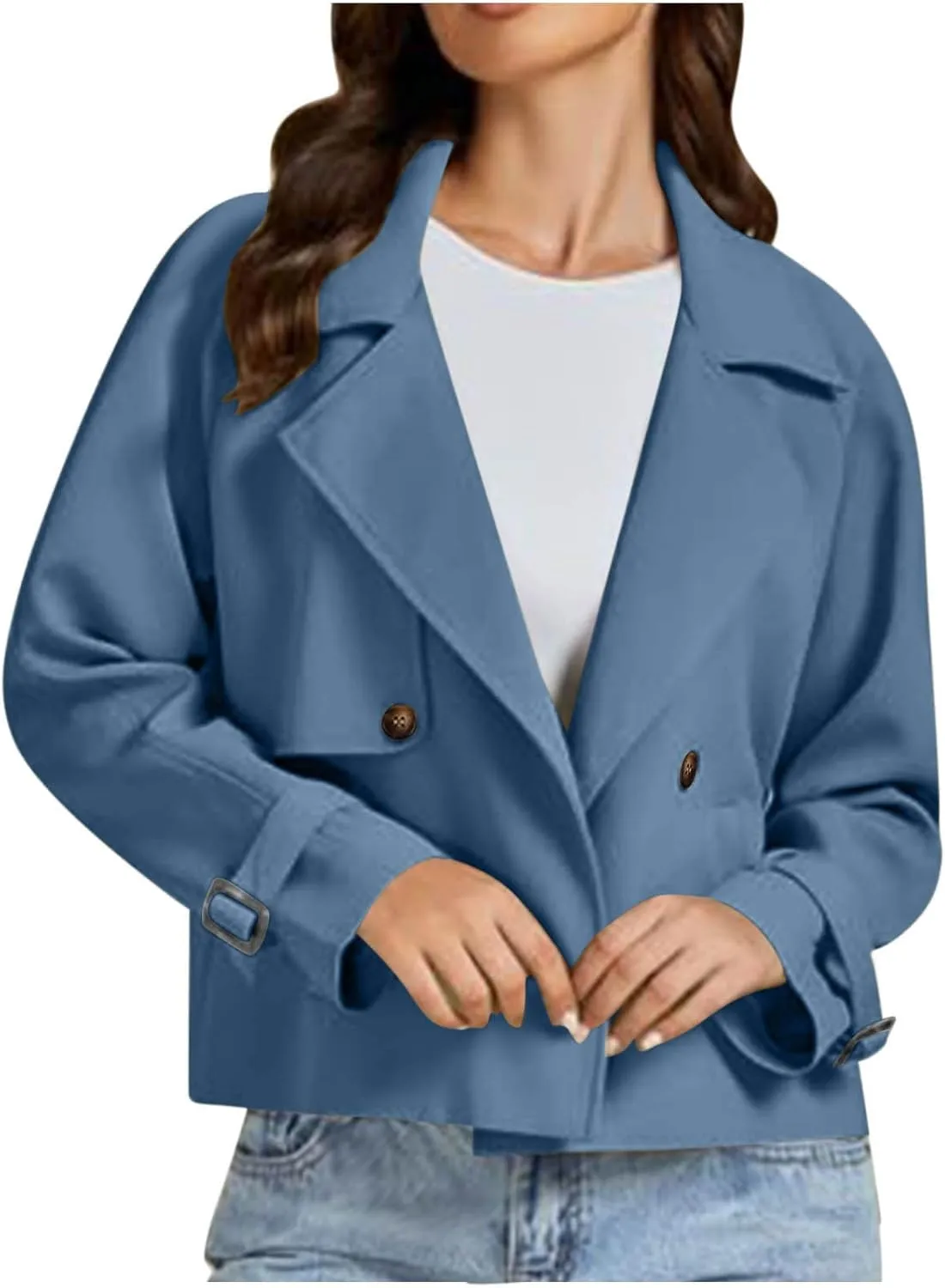 Cropped Trench Coat for Women Long Sleeve Double Breasted Notched Lapel Casual Loose Fit Jackets with Pockets Fall