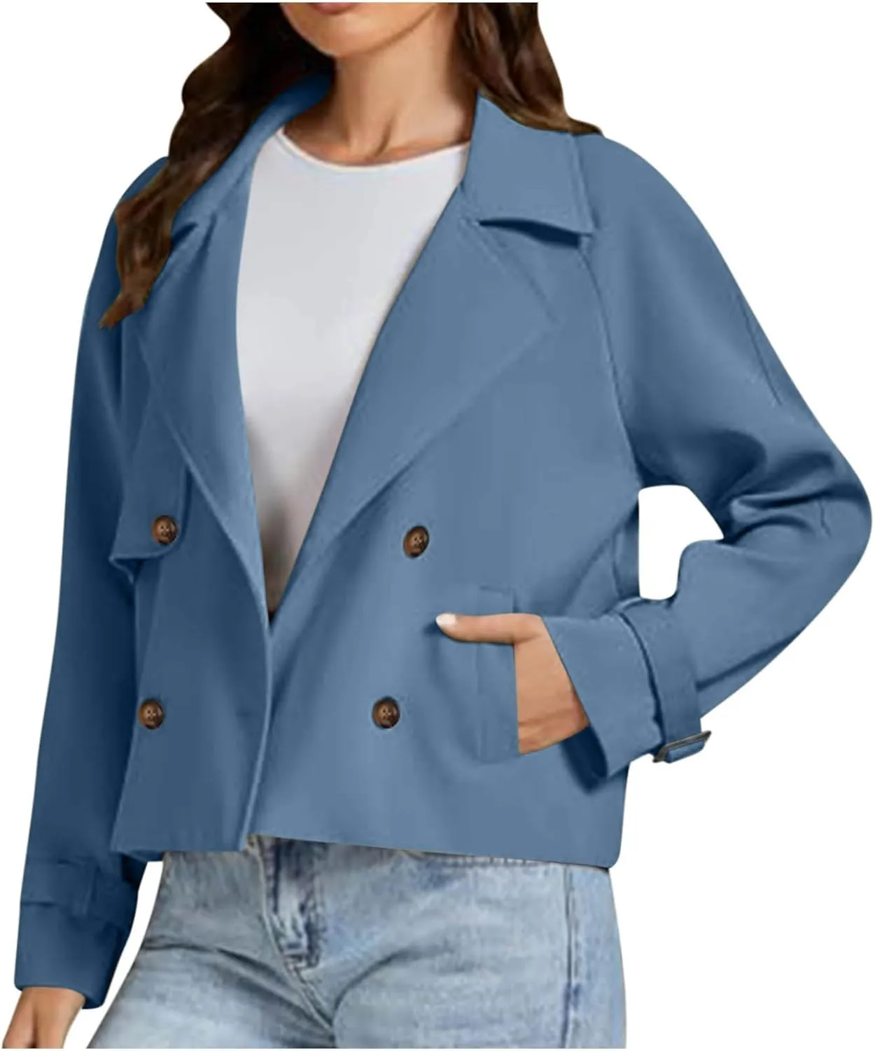 Cropped Trench Coat for Women Long Sleeve Double Breasted Notched Lapel Casual Loose Fit Jackets with Pockets Fall