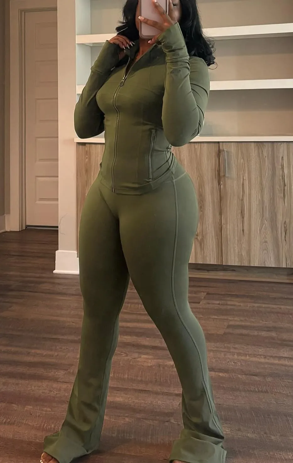 cu4eve Womens Two Piece Outfits Fall Workout Zip Up Sweatshirt And Jogger Flare Yoga Pants Gym Sweat Suits 2 Piece Set