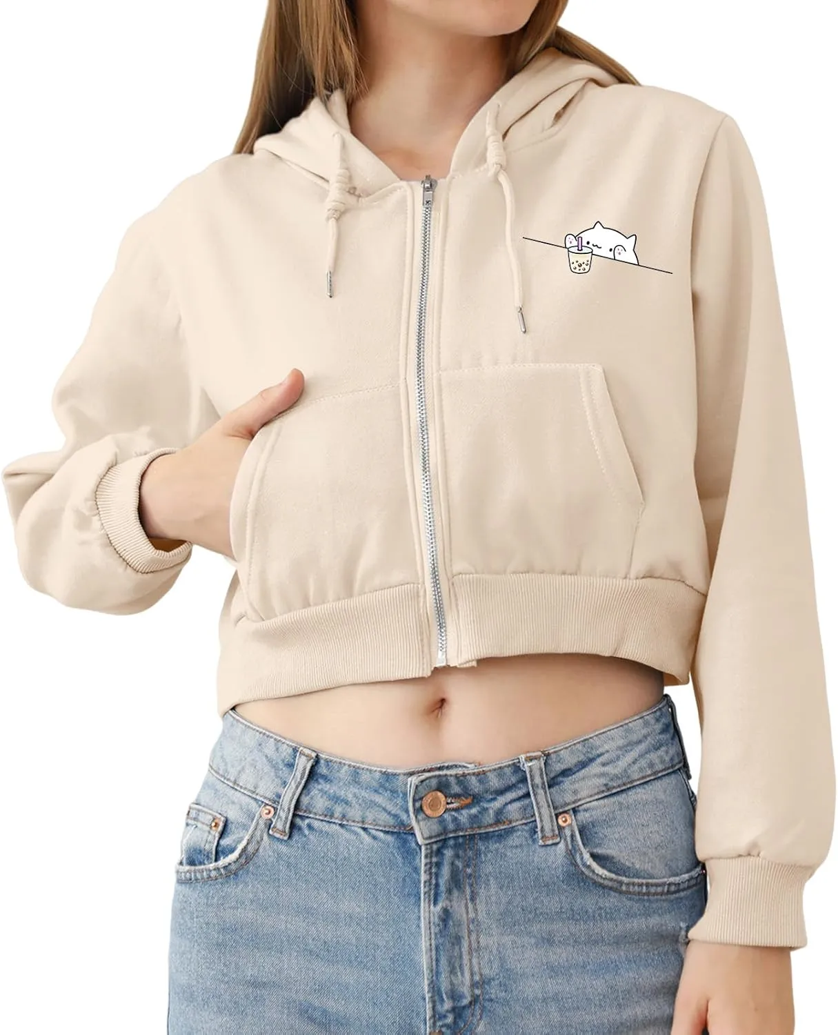 Cute Cropped Zip Up Hoodie for Teen Girls Cartoon Cat Graphic Kawaii Aesthetic Pockets Hooded Sweatshirts Jackets