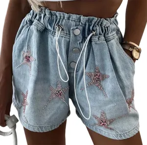 Denim Shorts for Women Stretchy High Waisted Drawstring Jean Shorts Heart Star Decor Y2K Trendy 2025