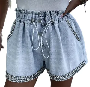 Denim Shorts for Women Stretchy High Waisted Drawstring Jean Shorts Heart Star Decor Y2K Trendy 2025