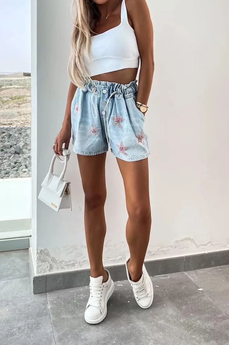 Denim Shorts for Women Stretchy High Waisted Drawstring Jean Shorts Heart Star Decor Y2K Trendy 2025