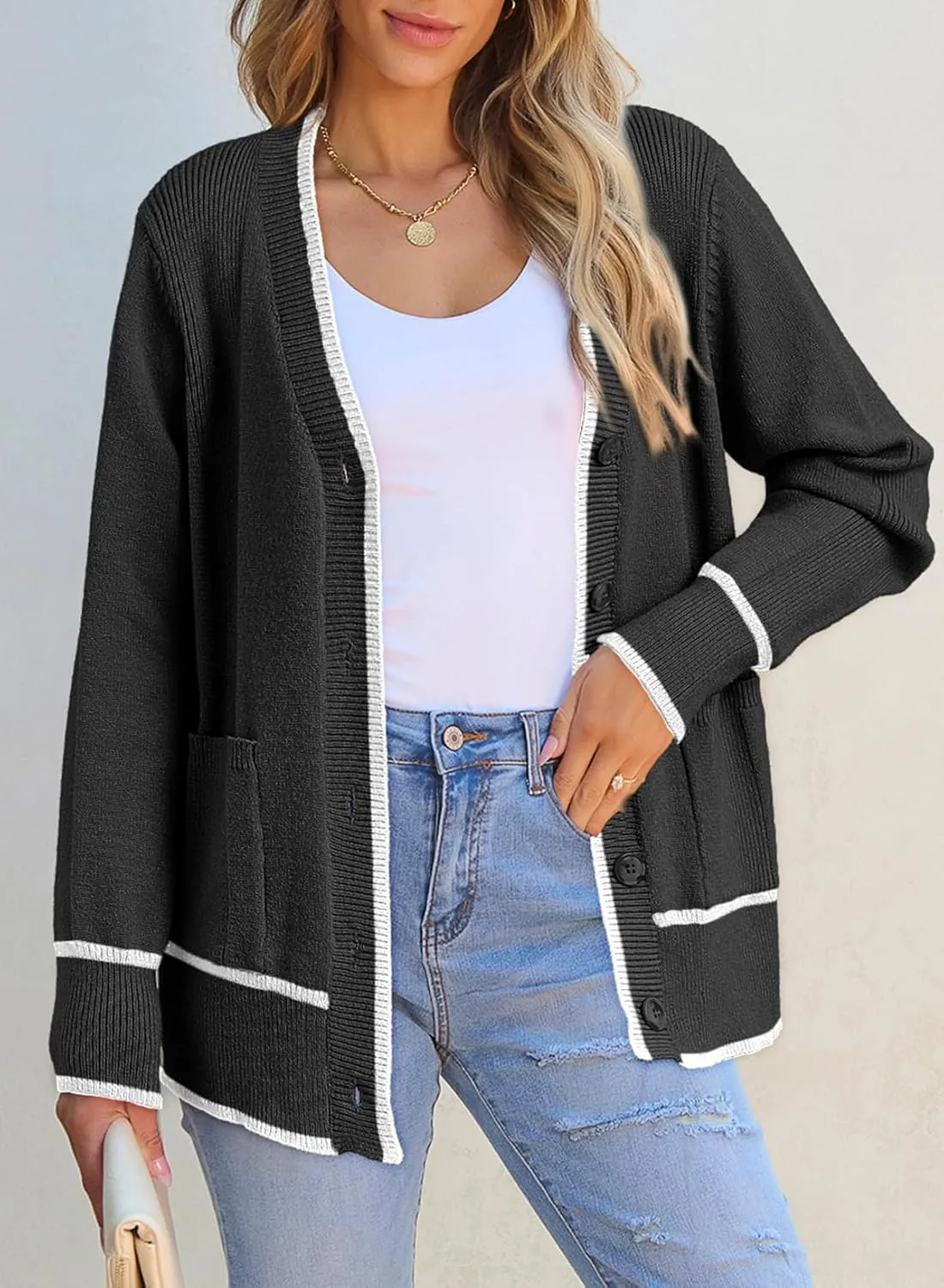 Dokotoo Short Cardigans for Women Color Blocked 2024 Fall Fashion Button Down Sweaters Winter Coats with Pockets