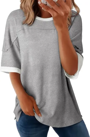 Dokotoo Summer Tops for Women 2025 Loose Oversized T Shirts Crewneck Color Block Side Slits Basic Tee Blouses