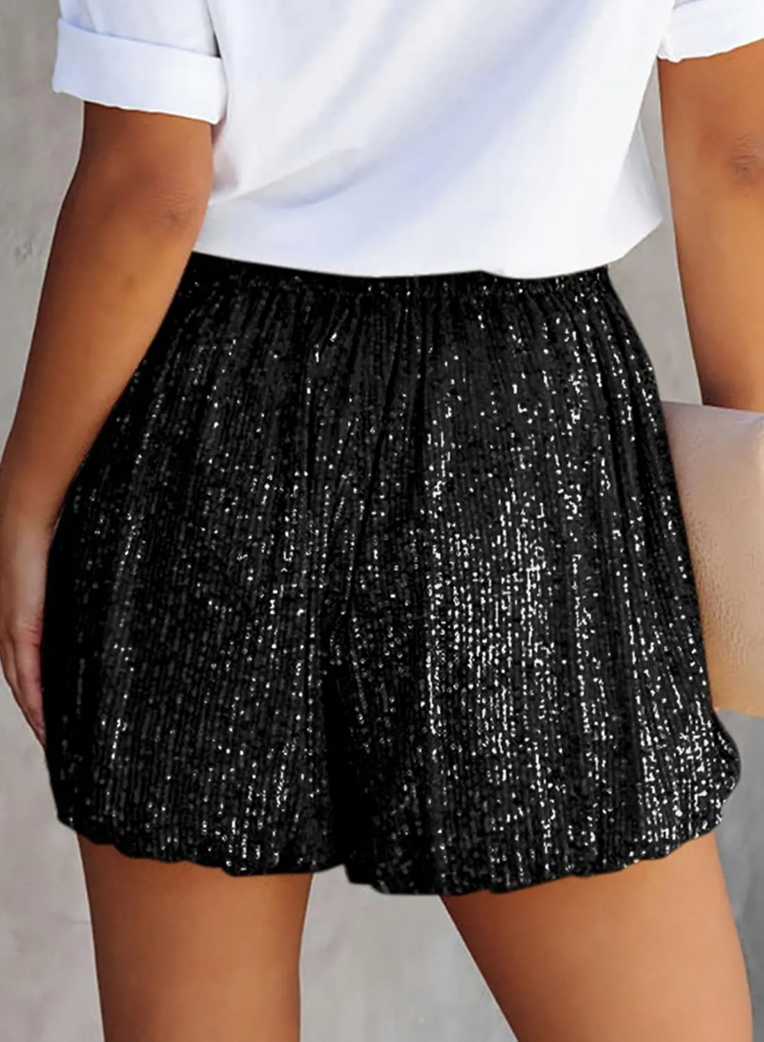Dokotoo Womens Sequin Shorts High Waist Elastic Straight Leg Sparkle Casual Shorts for Women Trendy