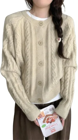 ebossy Women's Cropped Cable Knit Cardigan Long Sleeve Button Down Slouchy Loose Chunky Sweater Coat