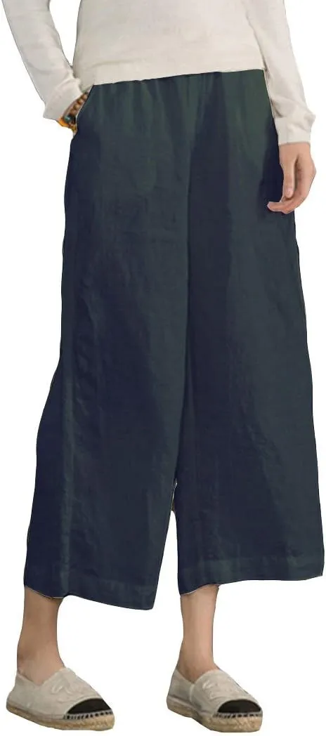 ECUPPER Womens Linen Cropped Pants Loose Casual Capri Cotton Wide Leg Plus Size Elastic Waist with Drawstring Trouses