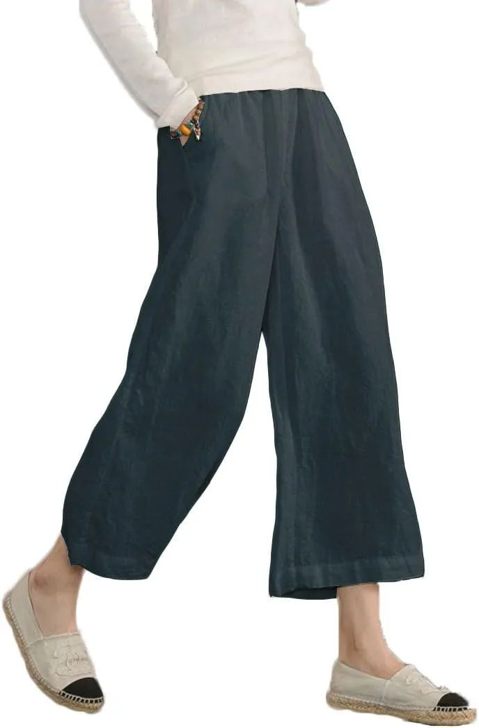 ECUPPER Womens Linen Cropped Pants Loose Casual Capri Cotton Wide Leg Plus Size Elastic Waist with Drawstring Trouses