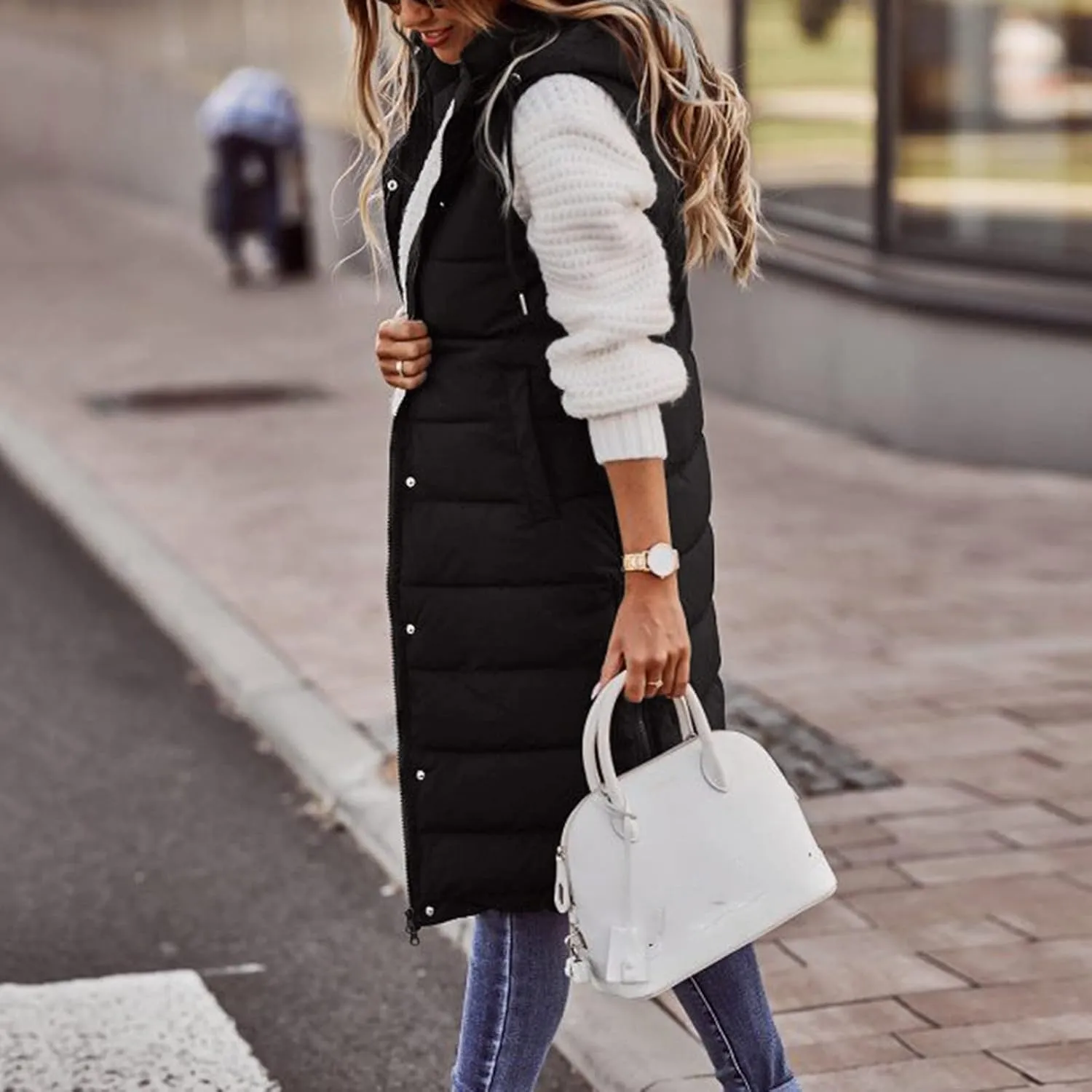 Eduavar Puffer Jacket Womens with Hood Jackets for Women Trendy Winter Warm Sleeveless Down Vest Full Zip Cardigan Coats