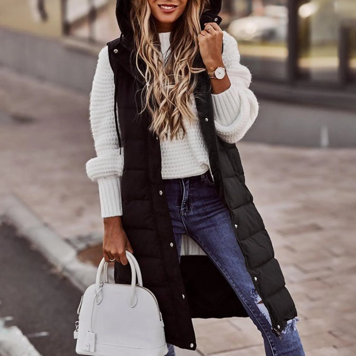 Eduavar Puffer Jacket Womens with Hood Jackets for Women Trendy Winter Warm Sleeveless Down Vest Full Zip Cardigan Coats
