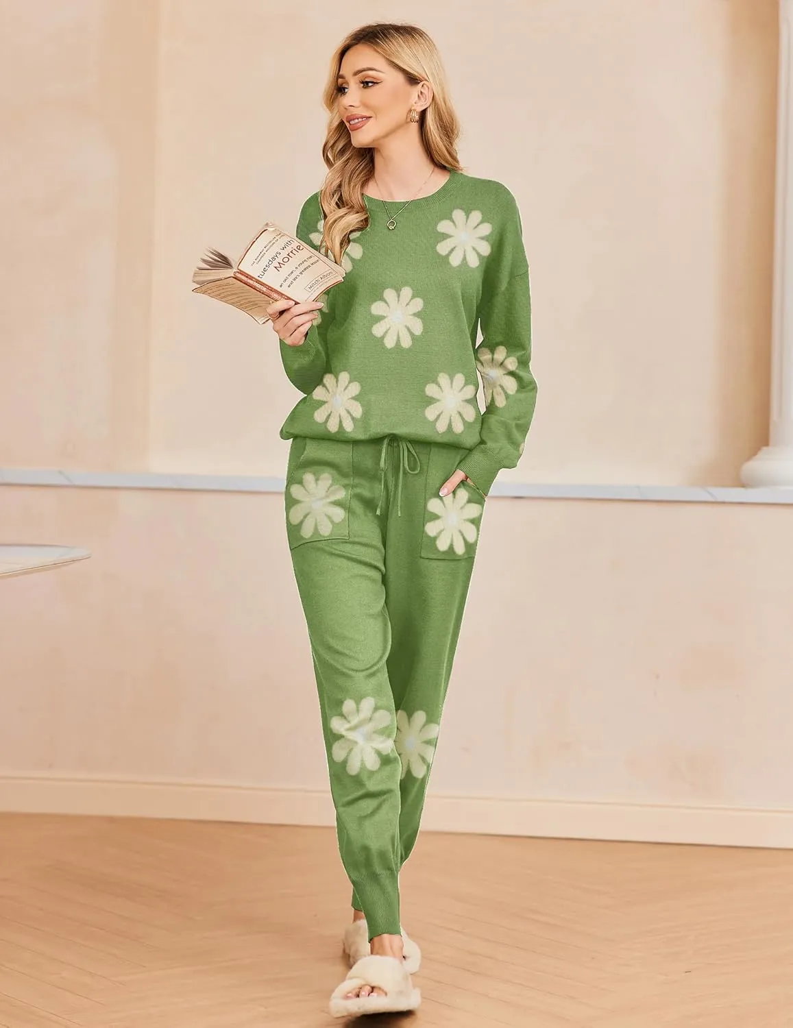 Ekouaer Women's 2 Piece Lounge Set Long Sleeve Knit Pajamas Sweatsuit Jogger Pant Outfits With Pockets S-XXL
