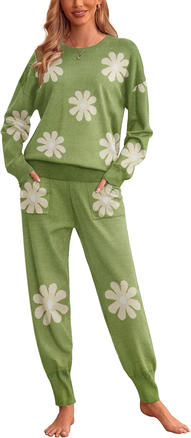 Ekouaer Women's 2 Piece Lounge Set Long Sleeve Knit Pajamas Sweatsuit Jogger Pant Outfits With Pockets S-XXL