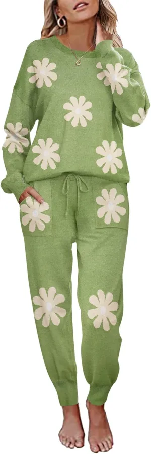 Ekouaer Women's 2 Piece Lounge Set Long Sleeve Knit Pajamas Sweatsuit Jogger Pant Outfits With Pockets S-XXL