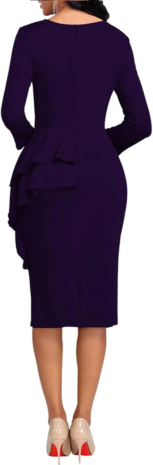 Elegant Church Dress for Women Casual Lapel Ruffle Pencil Classy Knee Length Dinner Party Midi Teens Dress