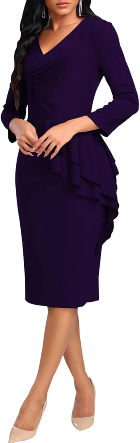 Elegant Church Dress for Women Casual Lapel Ruffle Pencil Classy Knee Length Dinner Party Midi Teens Dress