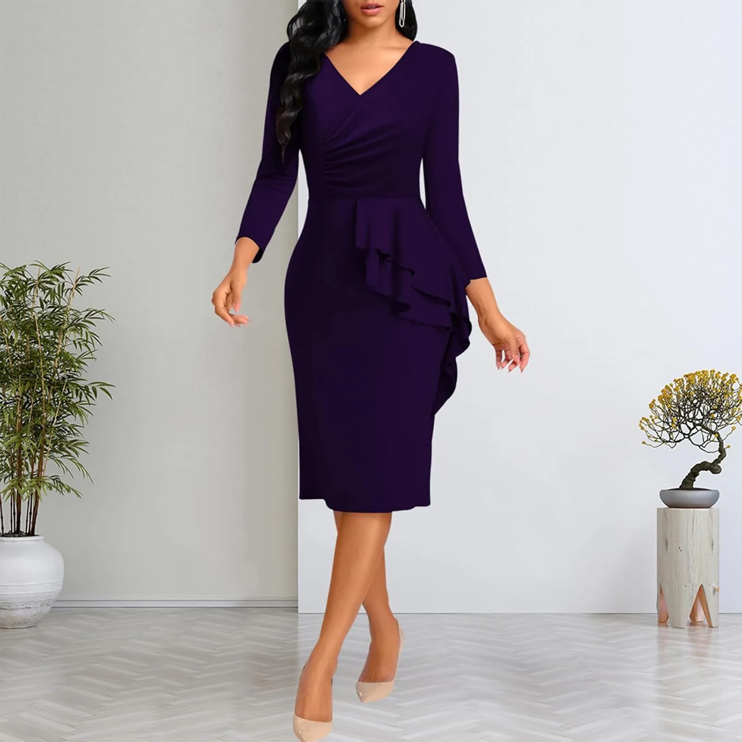 Elegant Church Dress for Women Casual Lapel Ruffle Pencil Classy Knee Length Dinner Party Midi Teens Dress