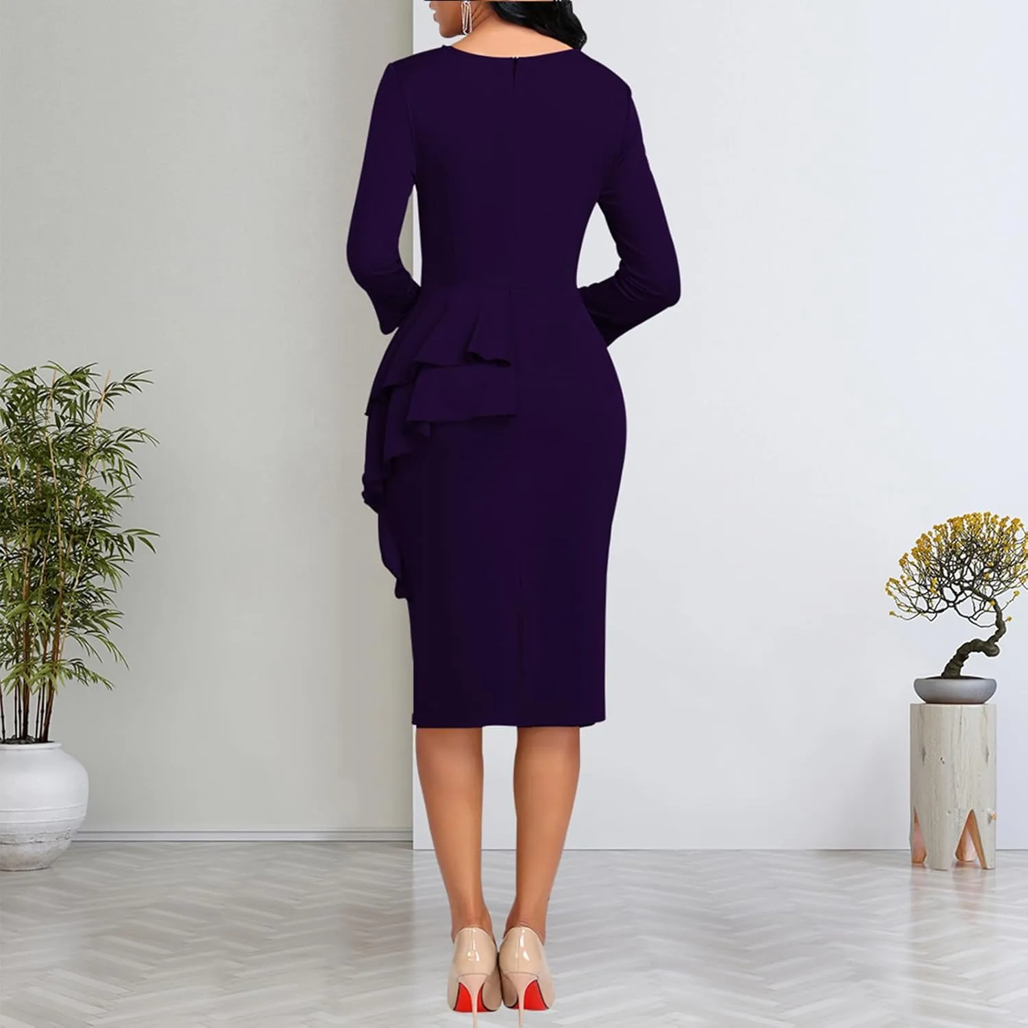 Elegant Church Dress for Women Casual Lapel Ruffle Pencil Classy Knee Length Dinner Party Midi Teens Dress