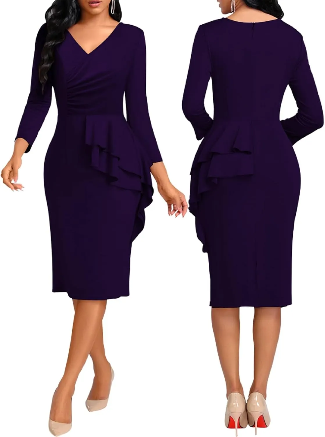 Elegant Church Dress for Women Casual Lapel Ruffle Pencil Classy Knee Length Dinner Party Midi Teens Dress