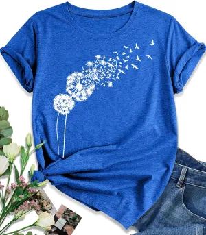 EUOW Dandelion Graphic Floral T-Shirt for Women Casual Summer Boho Tops Holiday Wildflowers Tee Shirts
