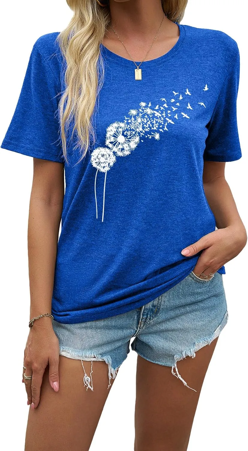 EUOW Dandelion Graphic Floral T-Shirt for Women Casual Summer Boho Tops Holiday Wildflowers Tee Shirts