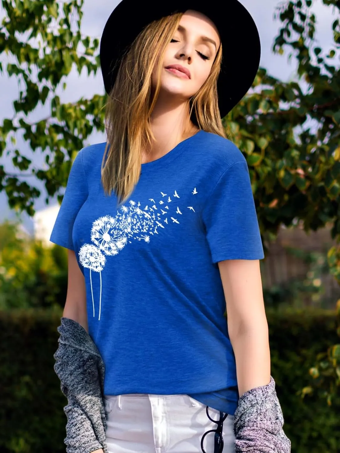 EUOW Dandelion Graphic Floral T-Shirt for Women Casual Summer Boho Tops Holiday Wildflowers Tee Shirts
