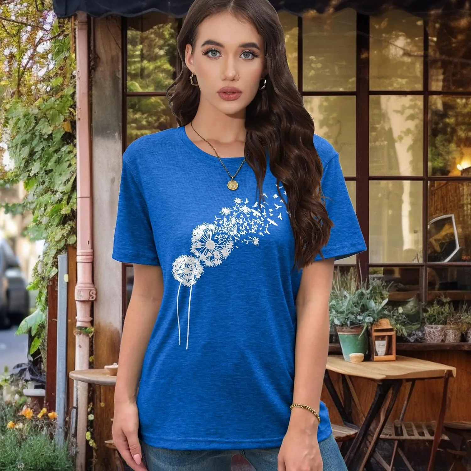 EUOW Dandelion Graphic Floral T-Shirt for Women Casual Summer Boho Tops Holiday Wildflowers Tee Shirts