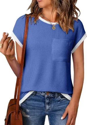 EVALESS Women's Short Sleeve T Shirts Crewneck Color Block Ribbed Knit Tee Blouses 2025 Trendy Summer Tops