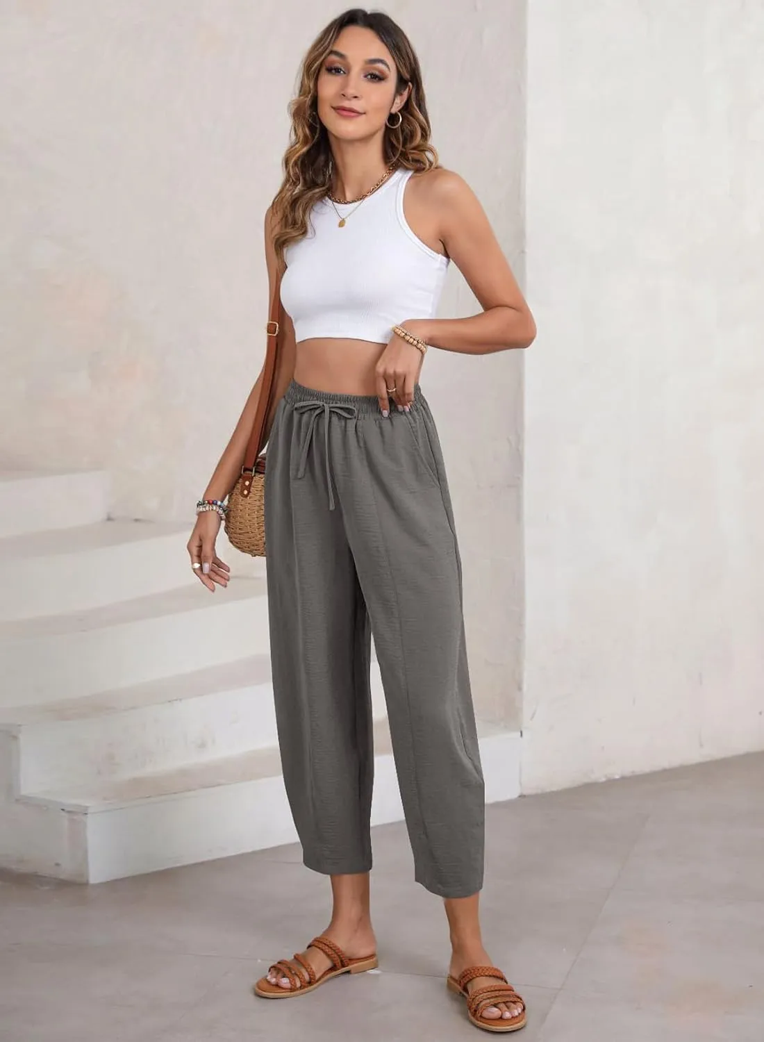 EVALESS Women's Summer High Waisted Baggy Pants Casual Ankle Length Trouser Slacks with Pockets