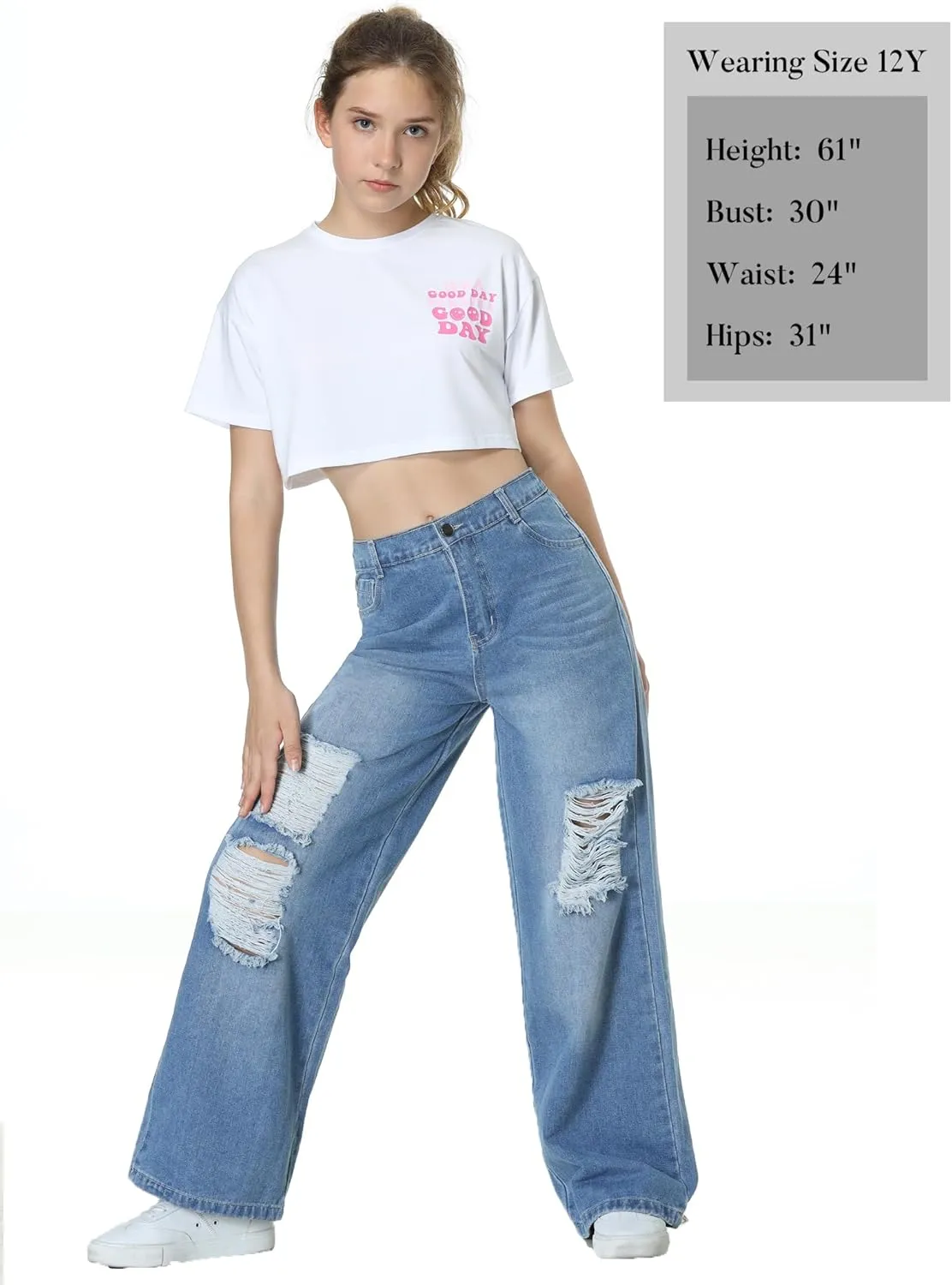 EXARUS Girls Jeans Pants Wide Leg/Flare/Skinny Denim Pant Ripped High Waist Elastic Band Casual with Pockets Kids 6-14Y