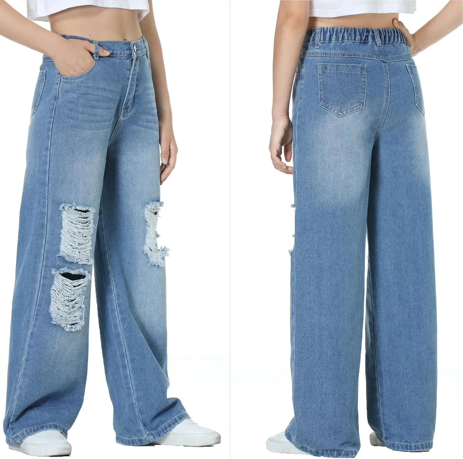 EXARUS Girls Jeans Pants Wide Leg/Flare/Skinny Denim Pant Ripped High Waist Elastic Band Casual with Pockets Kids 6-14Y
